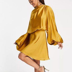 ASOS DESIGN blouson sleeve satin mini dress with open back in gold size 12